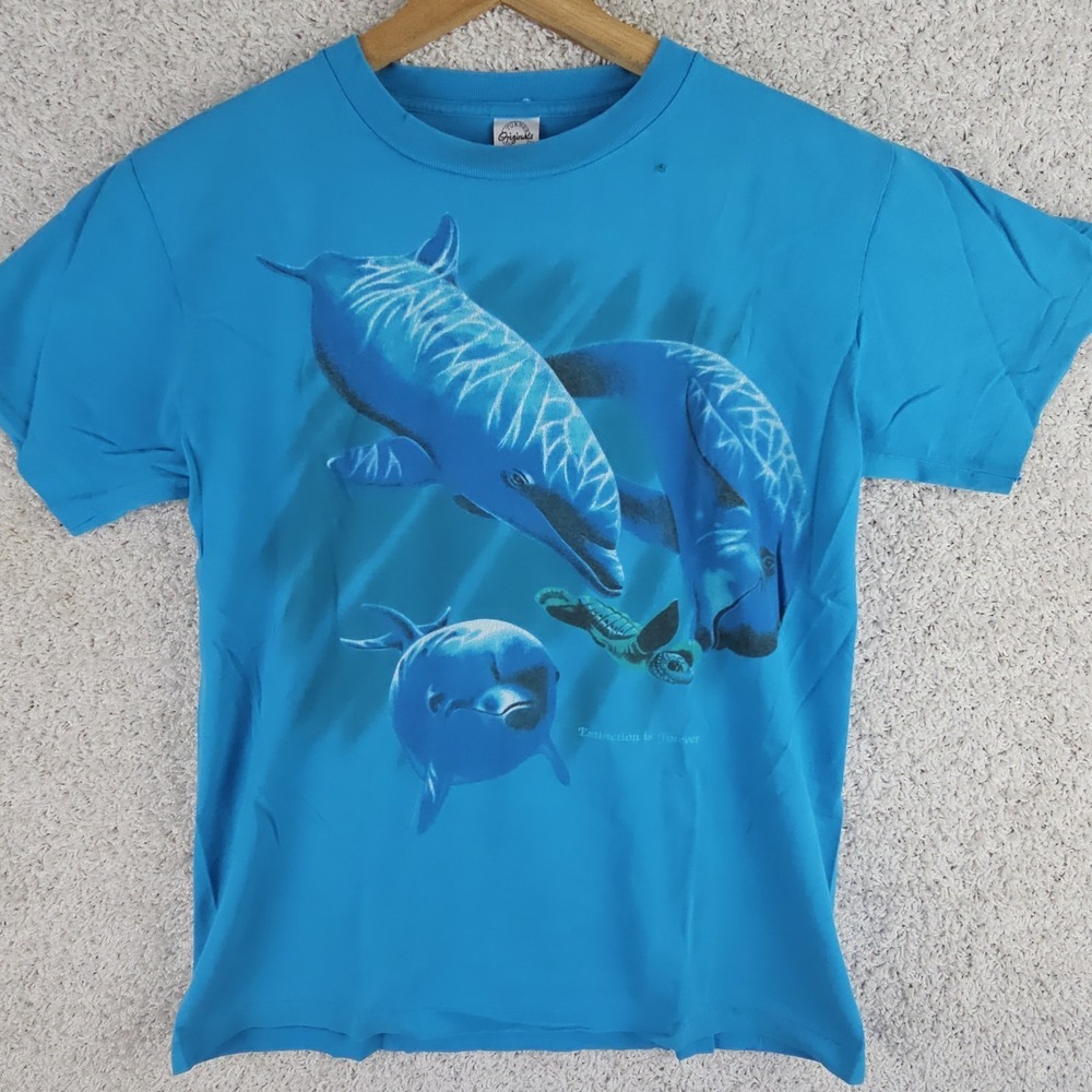 Vtg 90s Dolphins Sea Turtle Single Stitch Shirt "Extinction Is Forever" Adult M